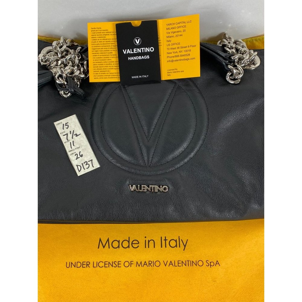 Valentino by Mario Valentino Quilted Logo Chain Strap Leather Hand Bag Blk D137 - Picture 5 of 11